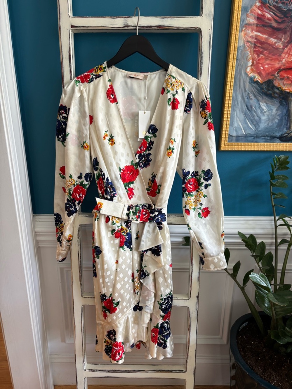 Floral Wrap Midi Dress in Ivory with Red & Navy Blooms